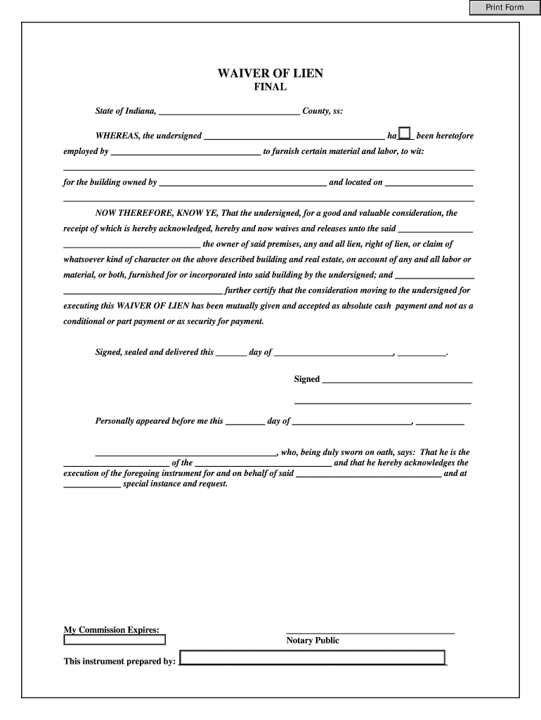 Lien Waiver Form Indiana
