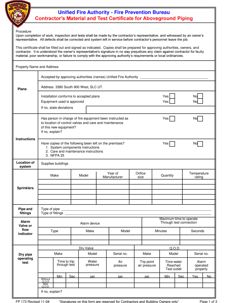 Nfpa Underground Test Certificate  Form