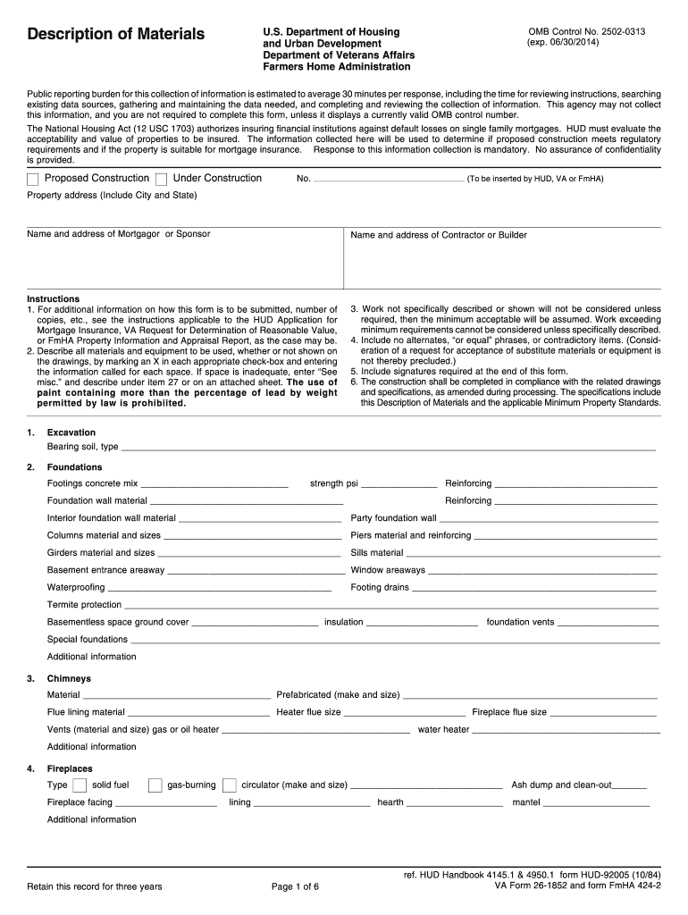 Description of Materials Example  Form