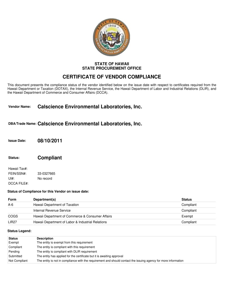Sample Hawaii Certificate of Vendor Compliance  Form