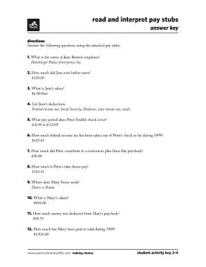 Read and Interpret Pay Stubs Answer Key  Form