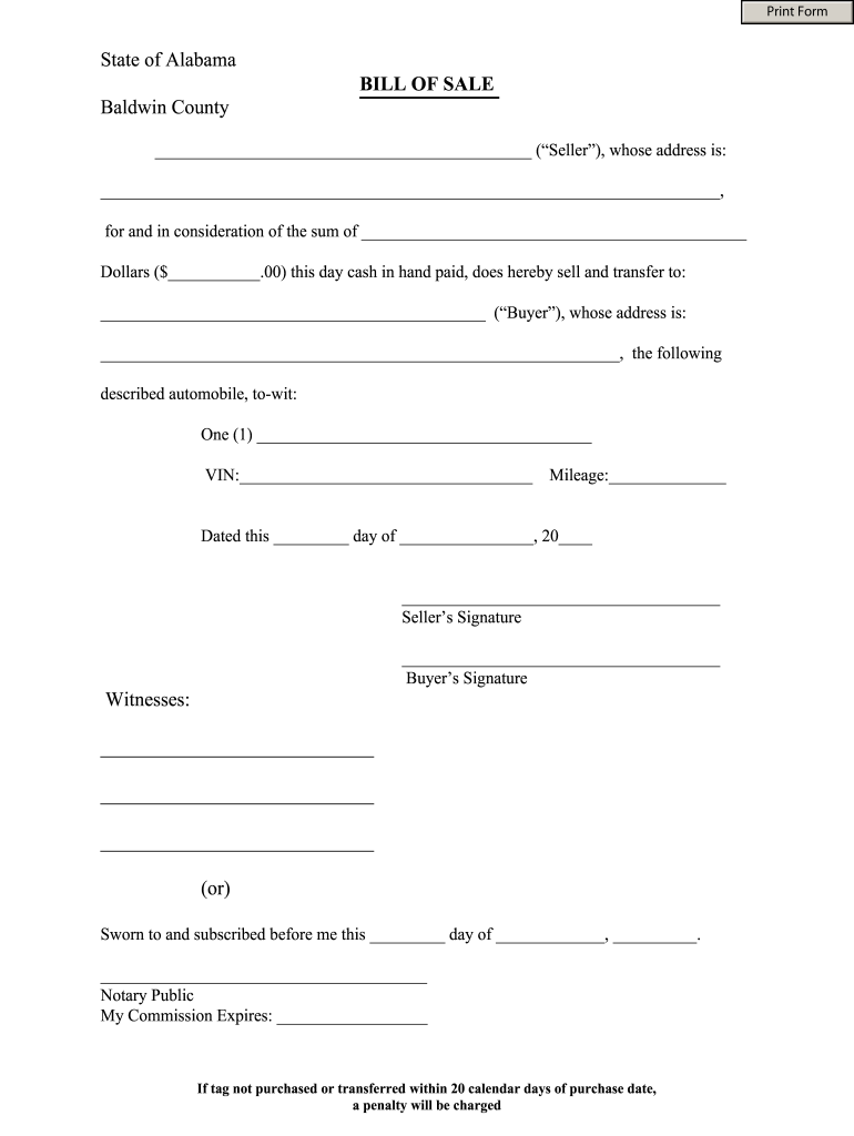 Get and Sign Alabama Vehicle Bill of Sale Printable  Form