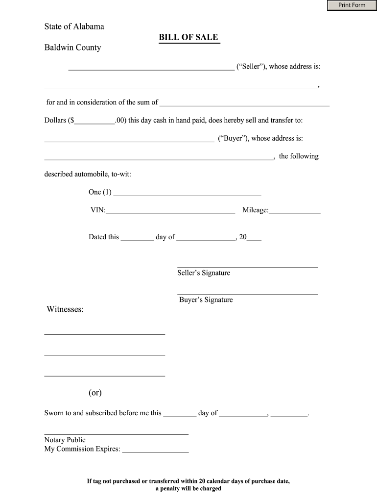 Alabama Vehicle Bill of Sale Printable  Form