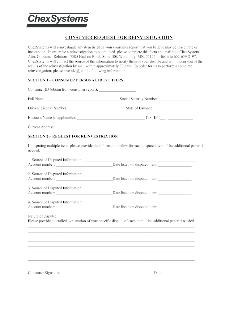 Consumer Request for Reinvestigation Form