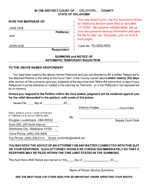 Oklahoma Automatic Temporary Injunction Form