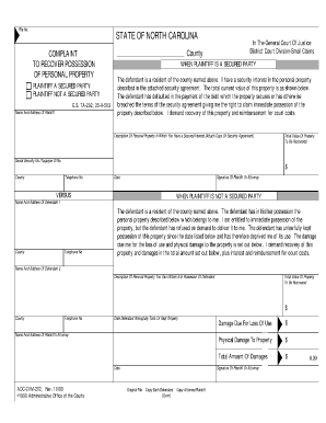 Complaint to Recover Possession of Personal Property Nc  Form