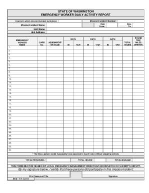 State of Washington Emergency Worker Daily Activity Report  Form