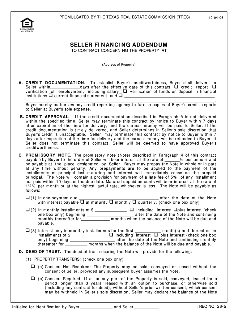  Trec Owner Financing Addendum 2006-2024