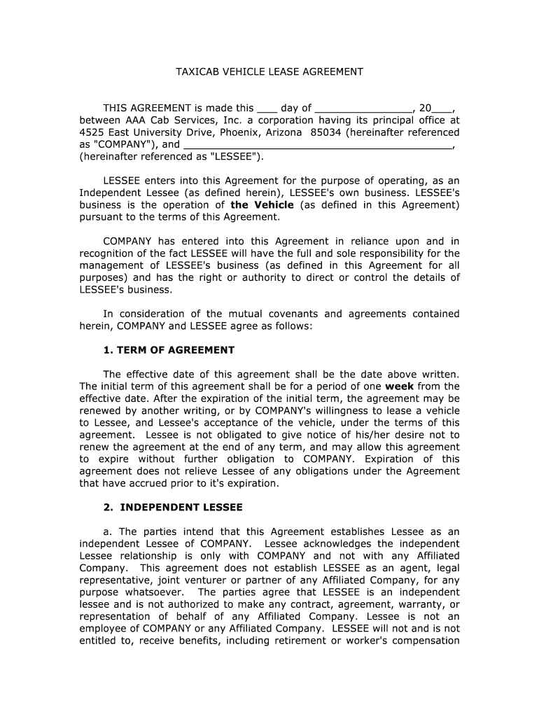 Taxi Driver and Owner Agreement DOC  Form