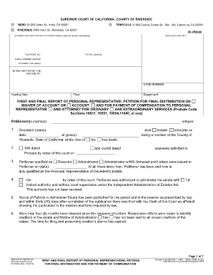 First and Final Report of Personal Representative; Petition for Final Riverside Courts Ca  Form