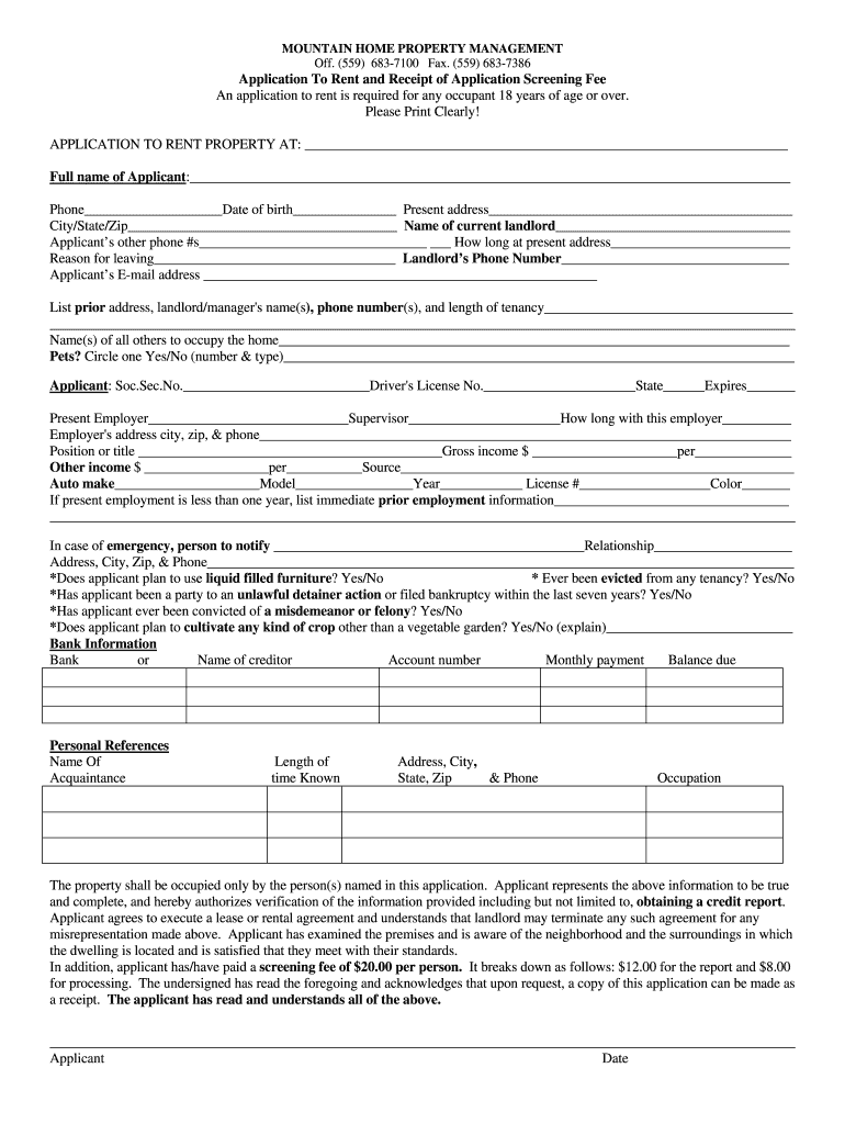 Application to Rent Screening Fee  Form