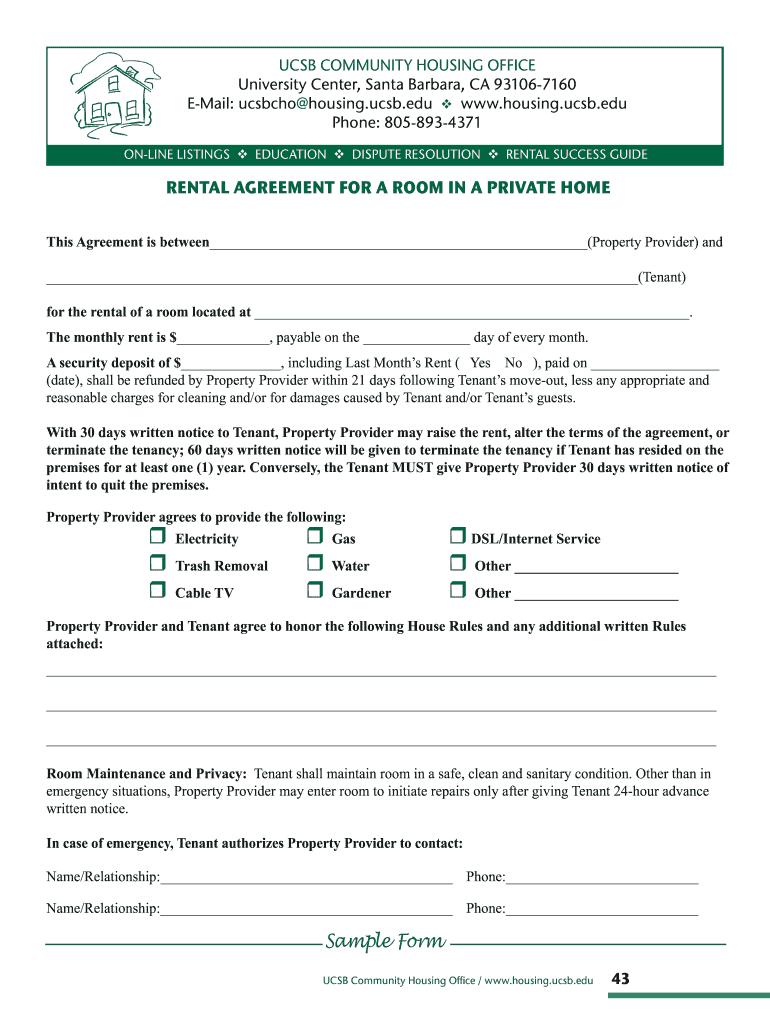 Room Rental Agreements Printable  Form