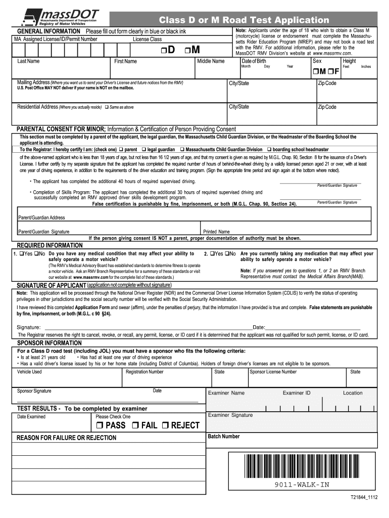  Massdot Class D Road Test Application Form 2015