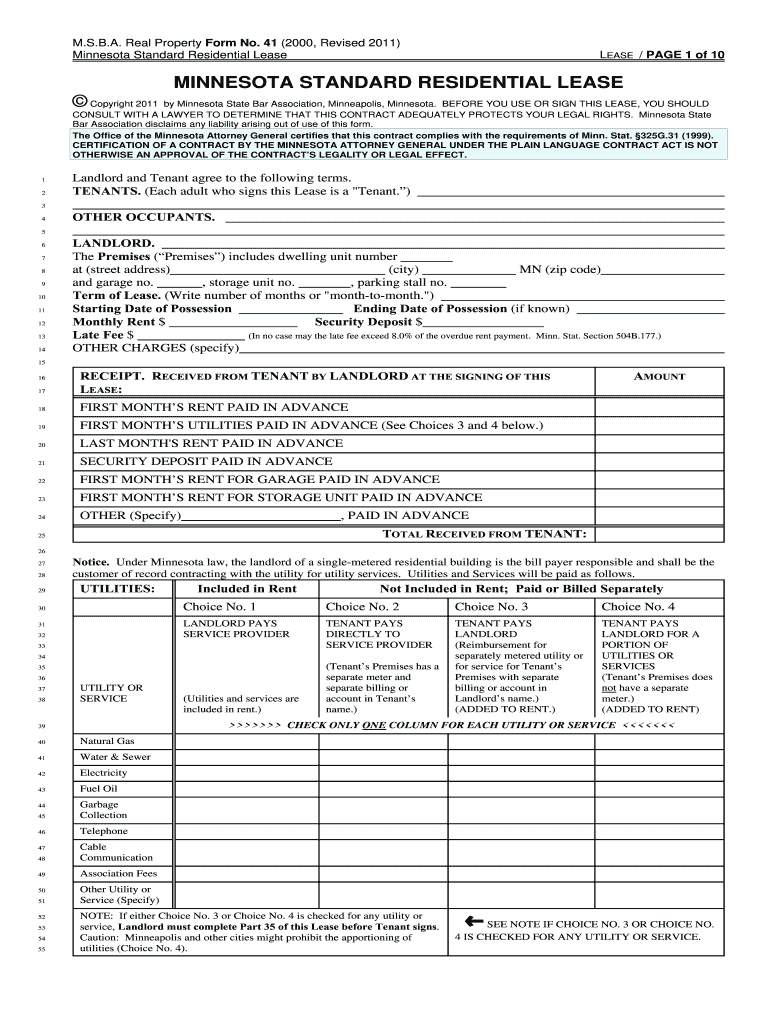 Minnesota Standard Residential Lease  Form