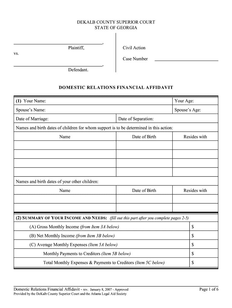 Get and Sign Domestic Relations Financial Affidavit Georgia 2007-2022 Form