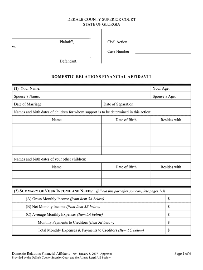  Domestic Relations Financial Affidavit Georgia 2007-2024