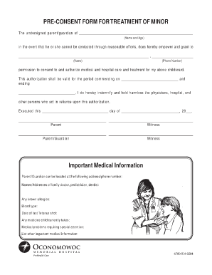 Pre Consent Form for the Treatment of a Minor ProHealth Care Prohealthcare