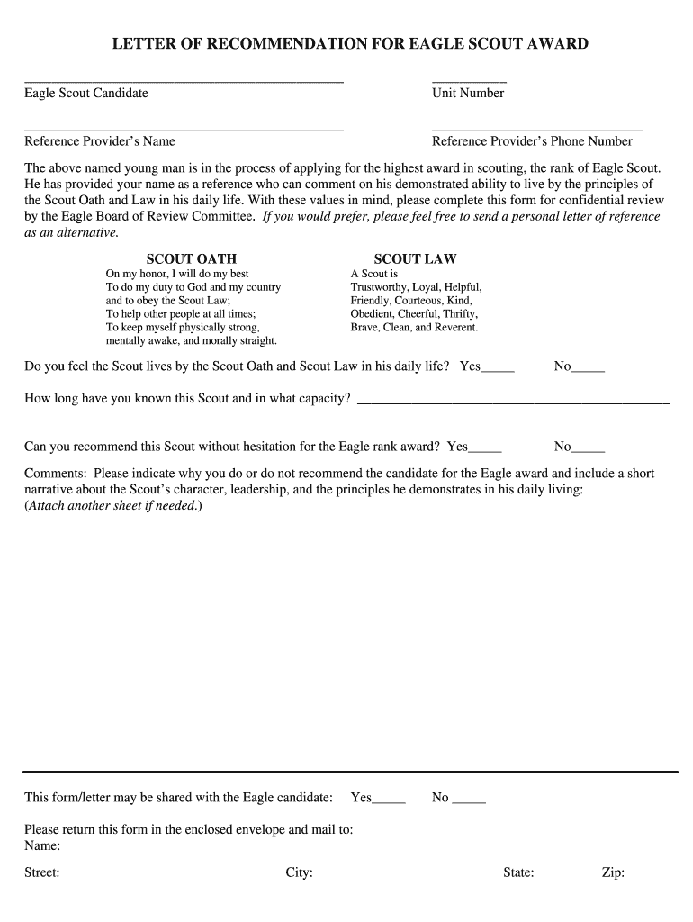 Eagle Scout Letter of Recommendation Word Document  Form