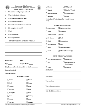 Printable Bomb Threat Checklist Template  Form