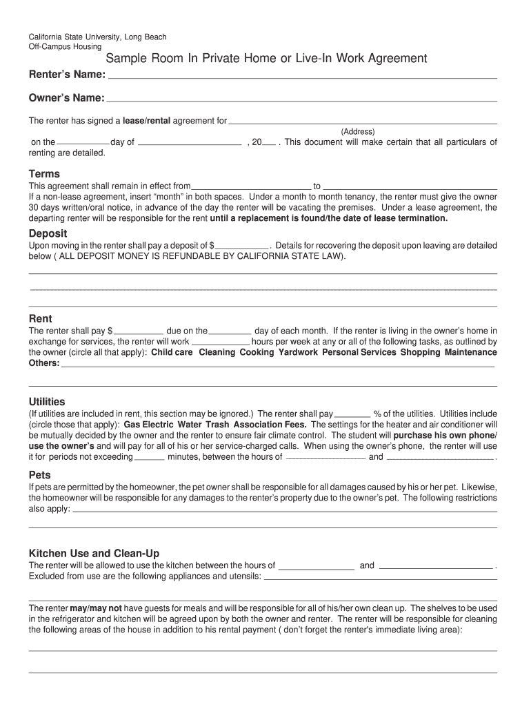 Room Rental Agreement Form Fillable Word