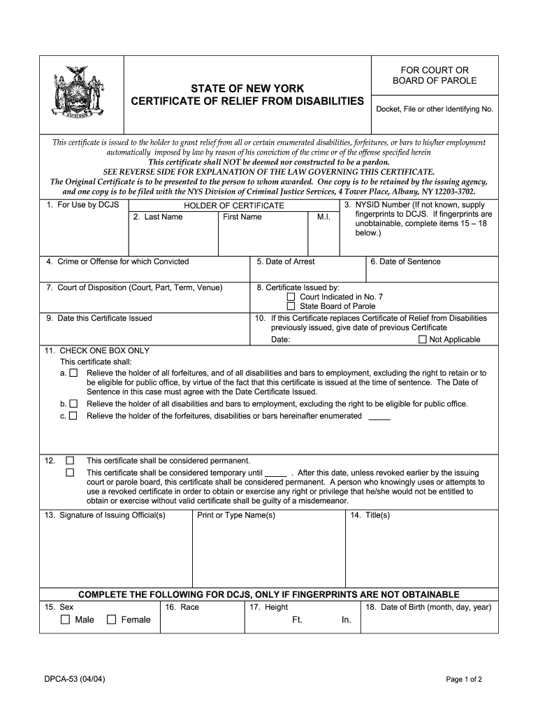  State of New York Certificate of Relief from Disabilities  New York State 2004