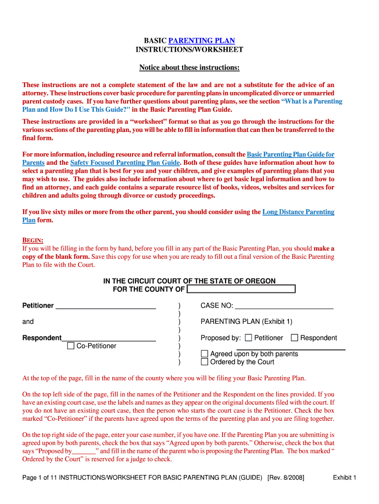 BASIC PARENTING PLAN INSTRUCTIONS    State of Oregon  Courts Oregon  Form