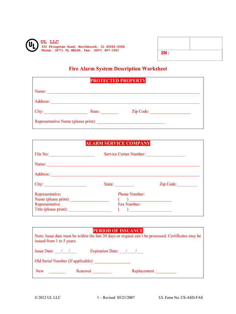 Fire Alarm Description Worksheet Form