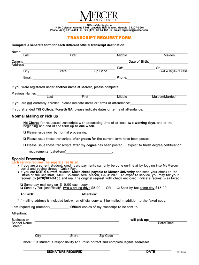  Mercer University Transcript Request 2013