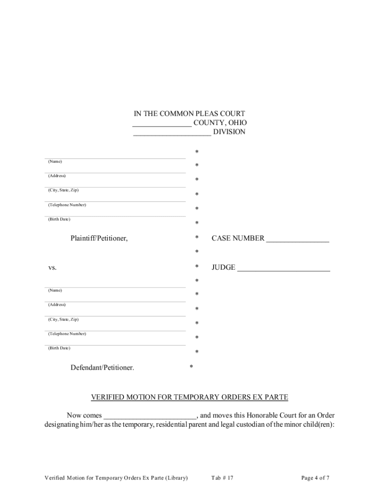 Ex Parte Temporary Custody Order Ohio  Form