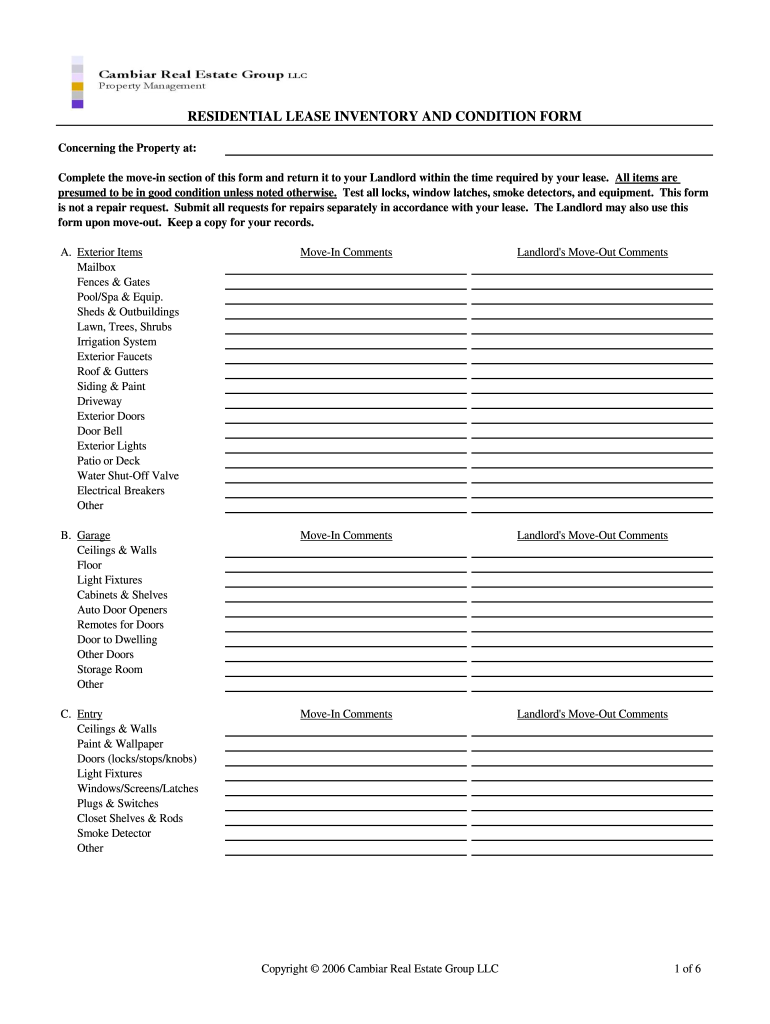 Inventory and Condition Form Example Filled Out