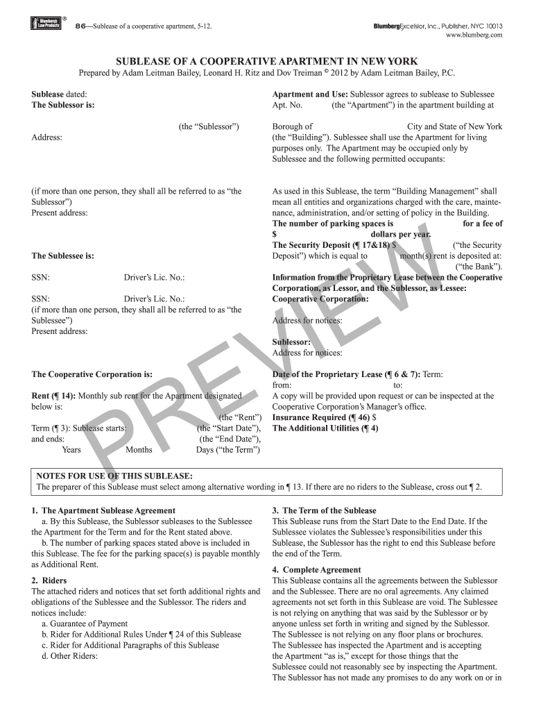 Sublease Cooperative Apartment Blumberg Form