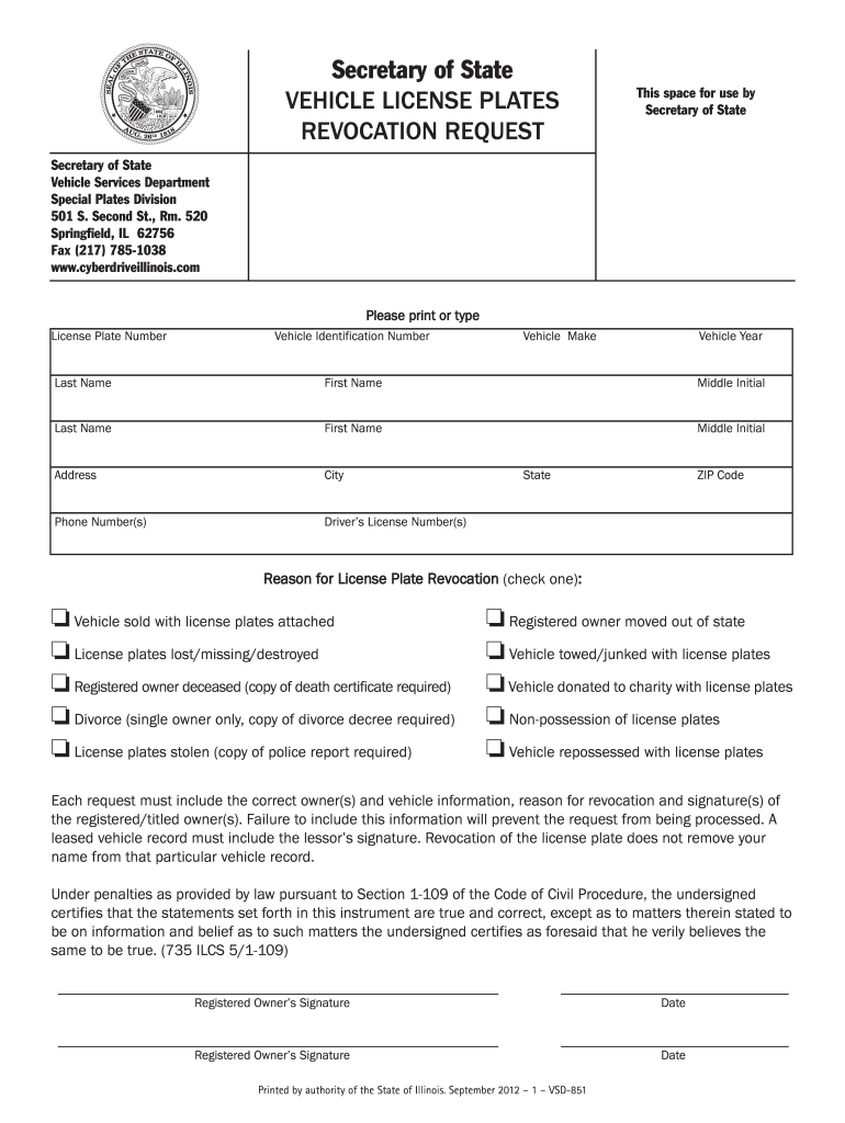 Get and Sign Vehicle License Plates Revocation Request 2012-2022 Form