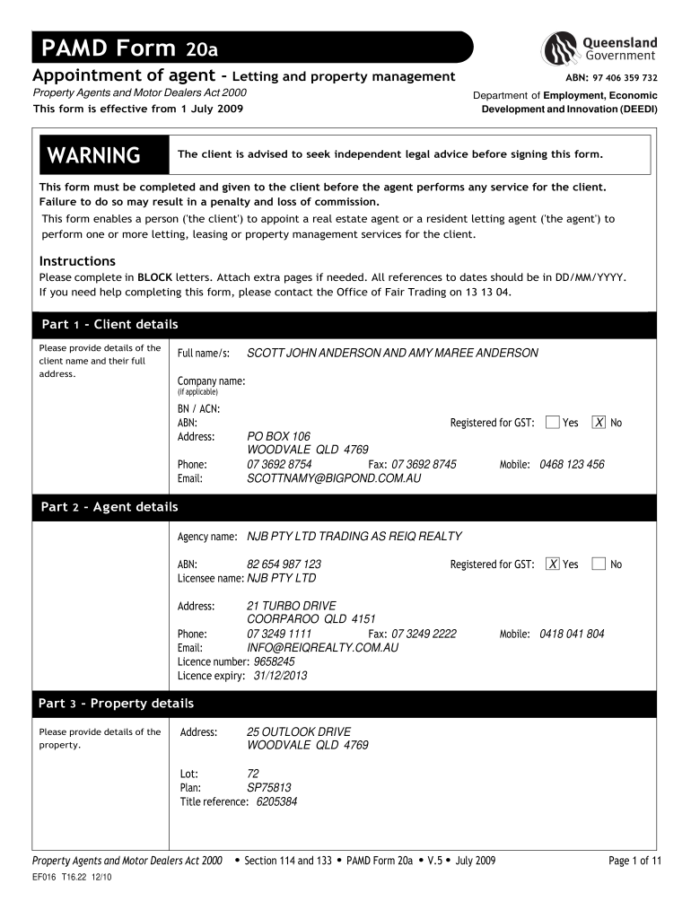 Reiq Property Management Schedule  Form