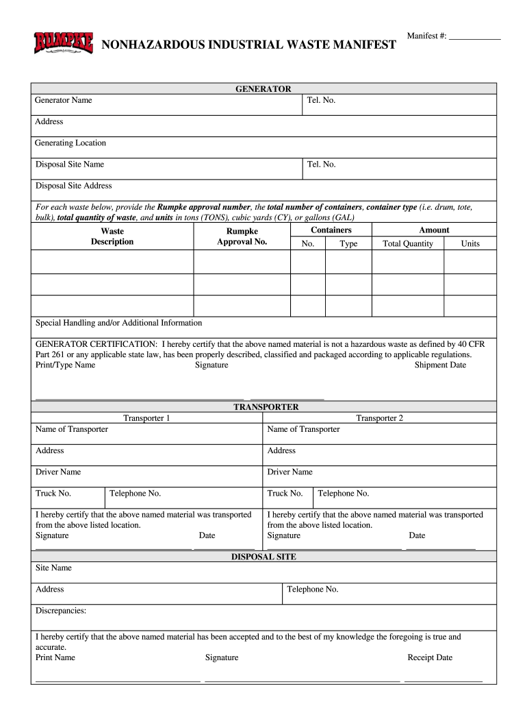 Printable Non Hazardous Waste Manifest  Form