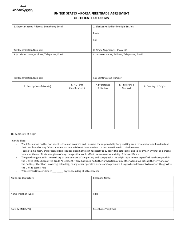 Certificate of Origin for Korea  Form