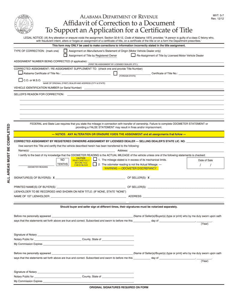 Affidavit of Correction Alabama  Form