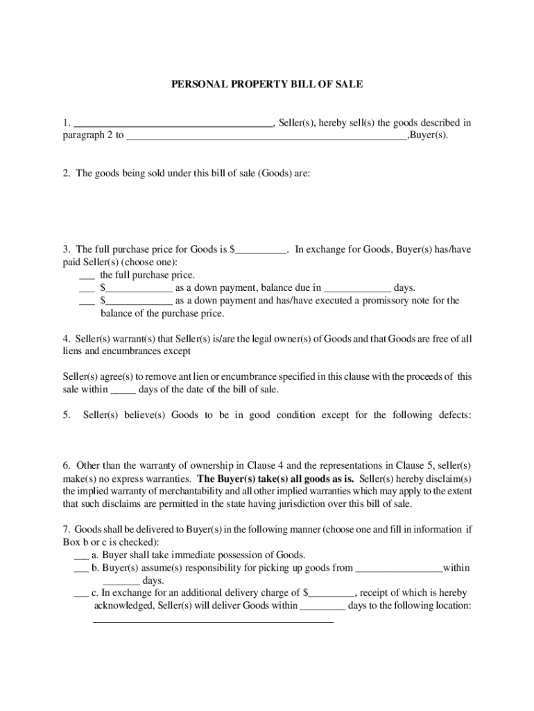 Bill of Sale Personal Property  Form