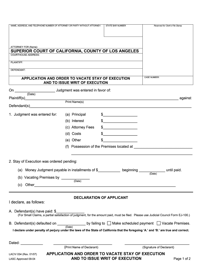  Stay of Execution Form 2007-2023