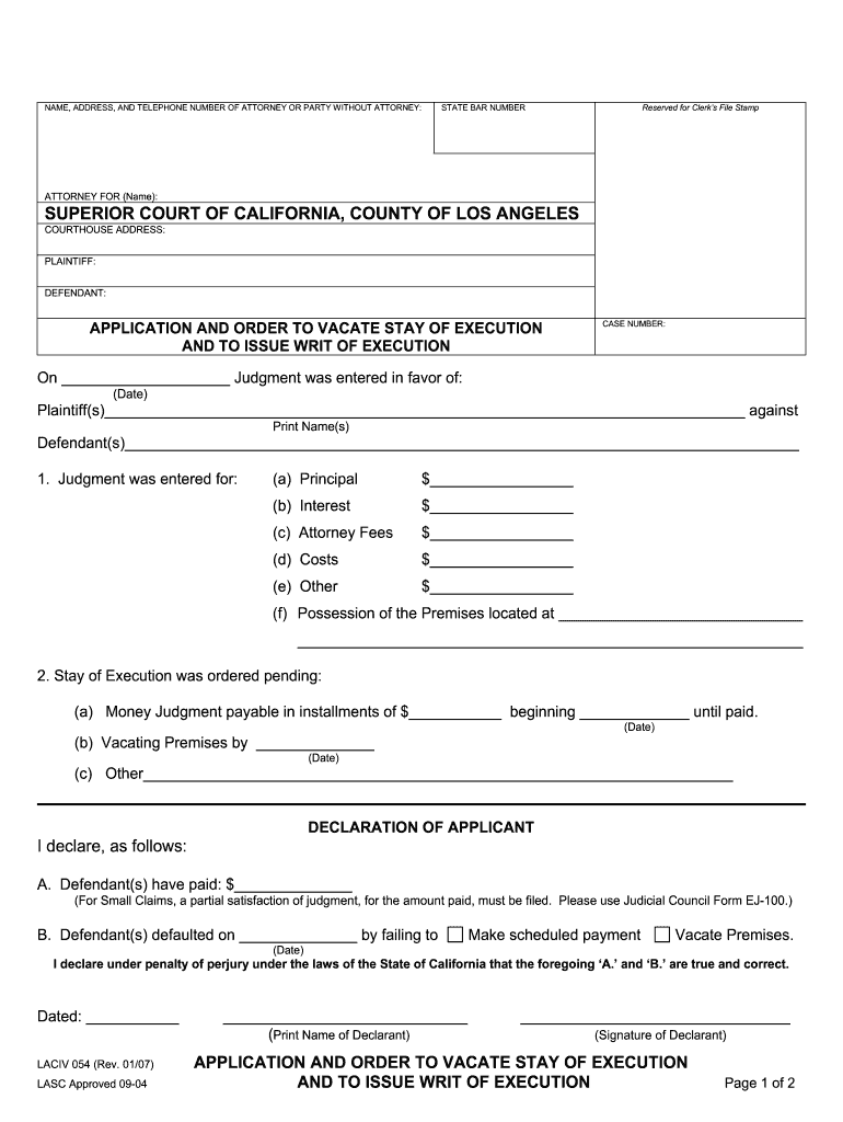  Stay of Execution Form 2007