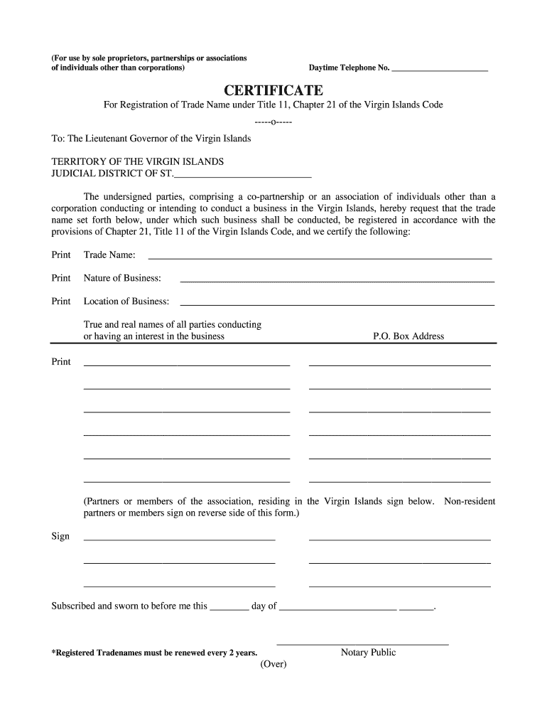 PDF Trade Name Certificate Virgin Islands  Form