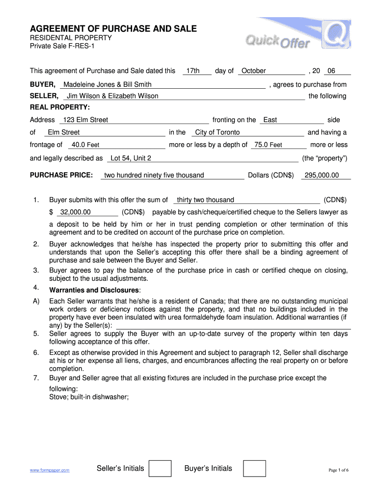 Agreement of Purchase and Sale Ontario Fillable  Form