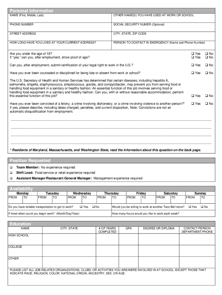  Taco Bell Application PDF 2001-2024