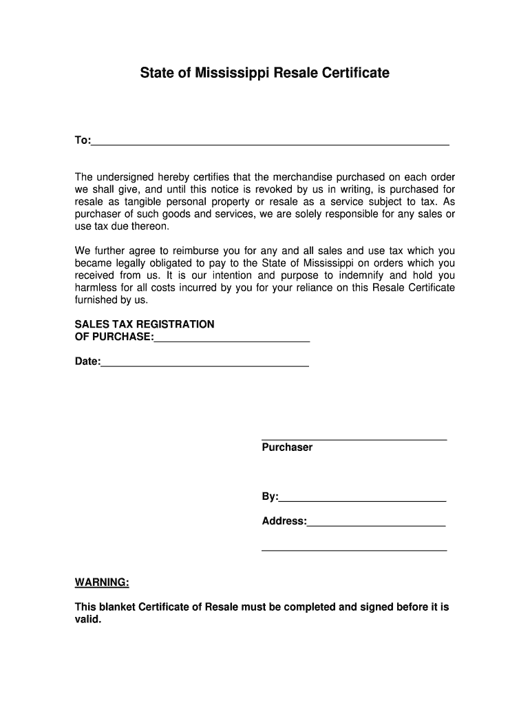 Mississippi Resale Certificate Form