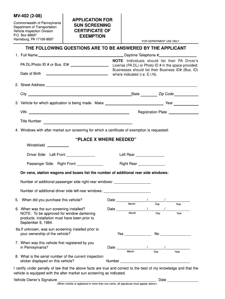 Pa Window Tint Medical Exemption Form