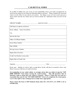 Printable Car Rental Agreement Form