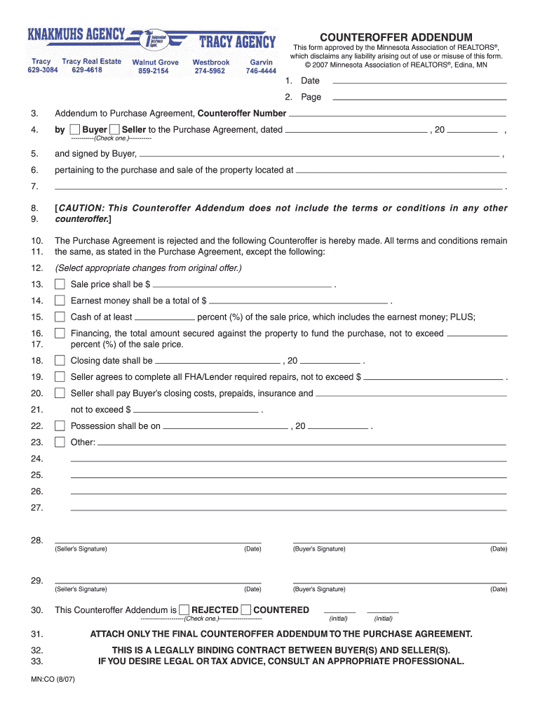 Addendum to Purchase Agreement Counteroffer Mn  Form