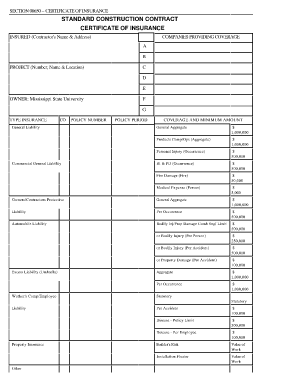 Standard Construction Contract Certificate of Insurance Mississippi Fm Msstate  Form