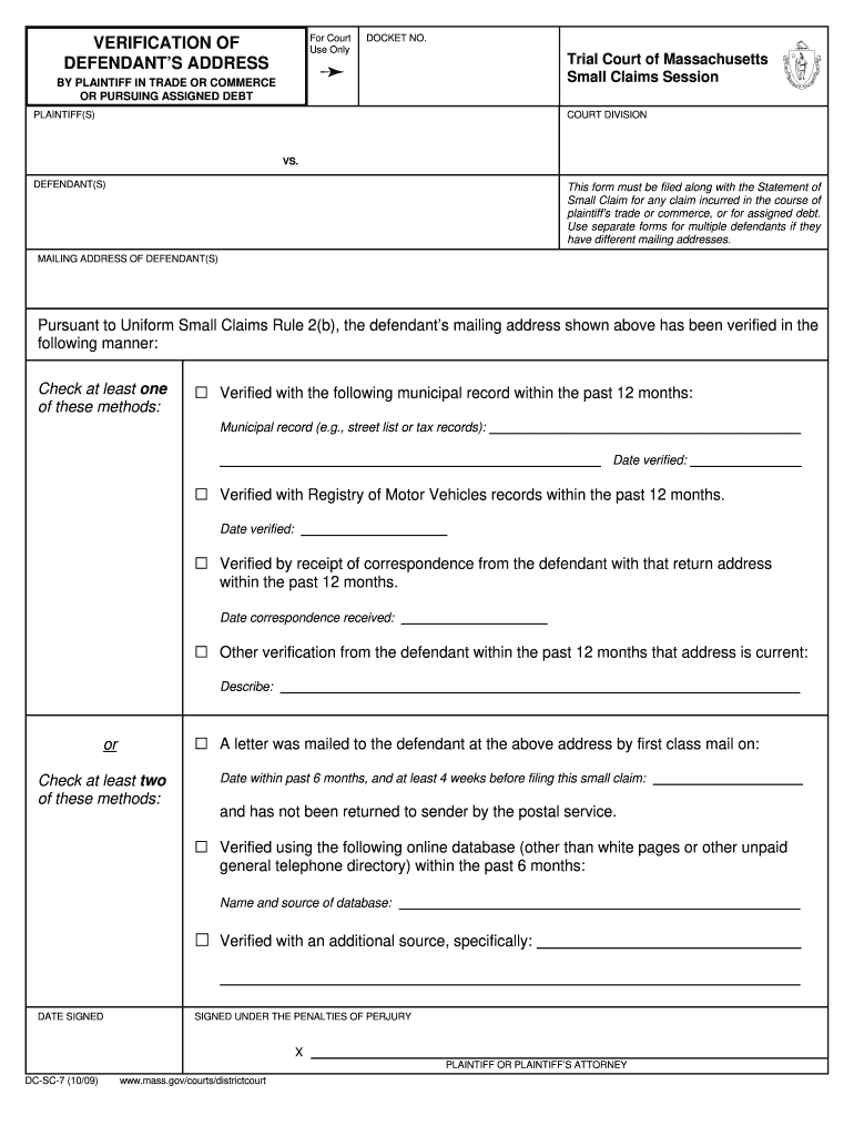  Verification of Defendants Addressdc Sc 7 2009