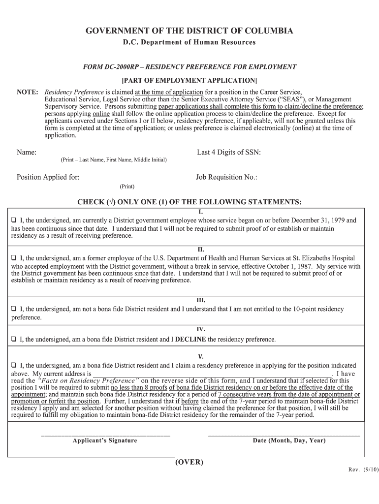  Form Dc 2000rp Residency Preference for Employment 2010-2024