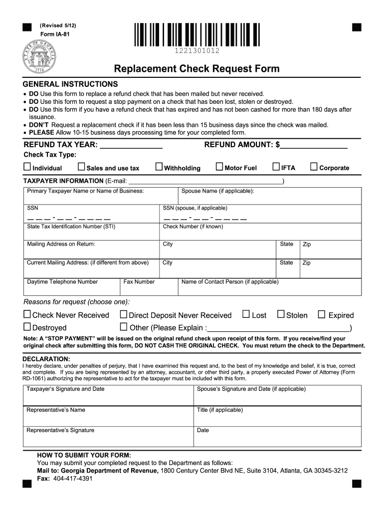 Replacement Check Request Form Georgia Department of Revenue Etax Dor Ga 2012